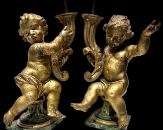 Pair of 18th Century Italian Gilded Putti with Faux Marble Bases