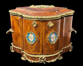 Antique French Cave a Liqueur with Hand-painted Porcelain Plaques, Ormolu Mounts, 16 Cordials & 4 Small Stoppered Decanters