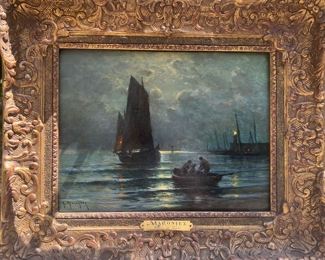 George Philibert Charles Maroniez Oil on Board "Claire de Lune" 11"x14"