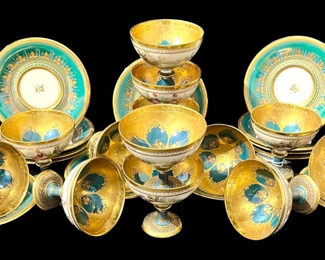 Set of highly decorative sherberts & saucers, hand-painted in Watteau style, c1887 from the Ambrosius Lamm Co in Dresden, Germany