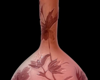 Small Coral Art Glass Vase by Galle, Signed 6-3/4" tall