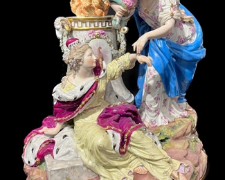 Antique Meissen seated Queen in jeweled border dark wine robe with Lady in Waiting in French blue cape Allegory of Peace Christian Gottfried Juchtzer