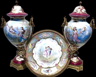 Pair of Hand-painted Sevres Lidded Urns with Ormolu Bordered Plate