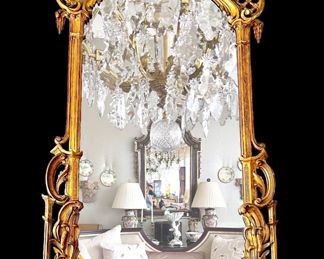 Monumental French Rococo Giltwood Mirror
with Original Gold Leaf, Pagoda & Dolphin Accents
8'3" tall
