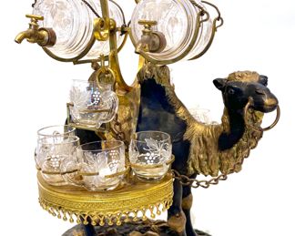 Orientalist Camel Tantalus 
with Etched Brandy Kegs & Cordials