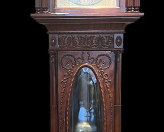 English Time & Strike Tall Clock with Original Key,
Nine Tubes, Two Sets of Chimes - Westminster & Whittington, Three Weights
and Sterling Silver Plaque of Dedication in 1909 to 
Sigmund Oppenheimer for his 50th Birthday.
Clock originally in #6 Courtlandt Place