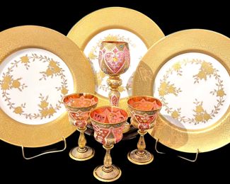 Moser Bohemian Hand-Gilt & Enameled Cranberry Glass Goblets
Each Numbered on Base
&
﻿Czech, Pirken Hammer D'Or Studios Dinner Plates 