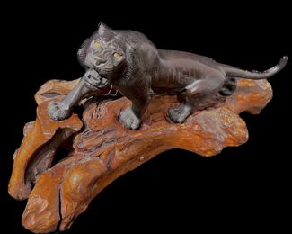 Artist Signed Japanese 
Bronze of Tiger
on a Tree Branch Base 
9"x18"