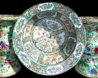 Pair of Rose Mandarin Celadon Vases
&
Large Rose Medallion Basin on Brass Base