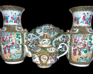 19th Century Rose Medallion Teapot, 
Pair of Rose Canton Porcelain Vases,
&
18th Century Rose Medallion Large Faceted Bowl 