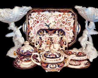 Pair of Schienholz Blanc de Chine Compotes with Putti
& 
14pc Set of Royal Crown Derby King's Imari with Mark
c1877-1890
