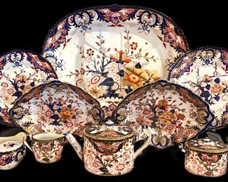 Royal Crown Derby King's Imari 
Well & Tree Platter early 1800s,
Pair of Open Vegetable Bowls,
Teapot, Covered Sugar, Creams.