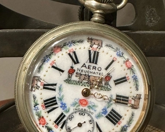 1950's Aero Neuchatel Swiss Made Men's Pocket Watch - Farm Scene Etching