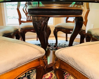 $400
ROUND GLASS TABLE WITH WOOD PEDESTAL AND CHAIRS 
TABLE 54”DIA x 30”H
CHAIR 24”W x 23”D x 43”H