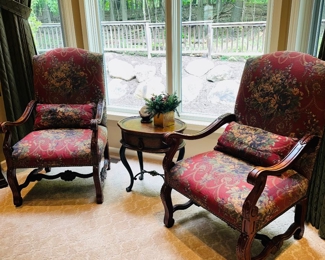 $50 EACH
THOMASVILLE RED FLORAL CHAIRS- SIGNIFICANT WEAR  
28.5”W x 25”D x 45.5”H 