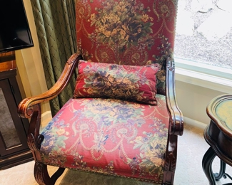 $50 EACH
THOMASVILLE RED FLORAL CHAIRS- SIGNIFICANT WEAR  
28.5”W x 25”D x 45.5”H 