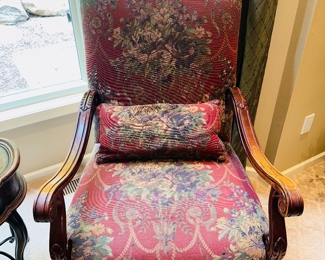 $50 EACH
THOMASVILLE RED FLORAL CHAIRS- SIGNIFICANT WEAR  
28.5”W x 25”D x 45.5”H 