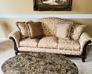 $400
THOMASVILLE FRENCH STYLE WOODEN FRAME FLORAL SOFA 
87”W x 49”W x 38”H 