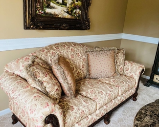 $400
THOMASVILLE FRENCH STYLE WOODEN FRAME FLORAL SOFA 
87”W x 49”W x 38”H 