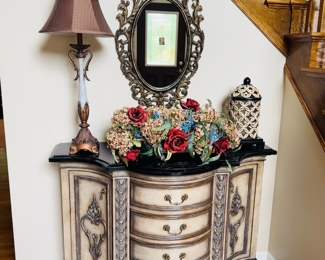 $295
VESTIBULE ORNATE WOODEN CABINET WITH DOORS AND DRAWERS 
49”L x 20”D x 36”H