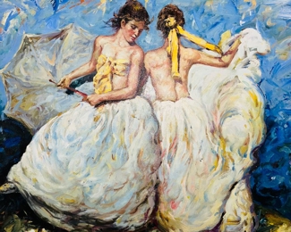 $200
OIL ON CANVAS PAINTING / GORGEOUS ORNATE FRAME “ DANCING LADIES”
37”W x 33”H x 5”D 