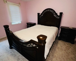 $300
ORNATE DARK BROWN QUEEN SIZE BEDROOM SET
DRESSER WITH MIRROR 
69”L x 18.5”D x 38”H 
MIRROR 49”H
QUEEN BED FRAME 92”L x 66”W x 74”H 
TWO NIGHTSTANDS 30”W x 17”D x 30”H