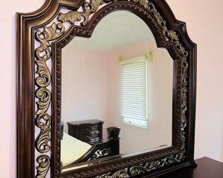 $300
ORNATE DARK BROWN QUEEN SIZE BEDROOM SET
DRESSER WITH MIRROR 
69”L x 18.5”D x 38”H 
MIRROR 49”H
QUEEN BED FRAME 92”L x 66”W x 74”H 
TWO NIGHTSTANDS 30”W x 17”D x 30”H
