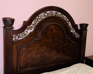 $300
ORNATE DARK BROWN QUEEN SIZE BEDROOM SET
DRESSER WITH MIRROR 
69”L x 18.5”D x 38”H 
MIRROR 49”H
QUEEN BED FRAME 92”L x 66”W x 74”H 
TWO NIGHTSTANDS 30”W x 17”D x 30”H