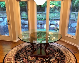 $400
ROUND GLASS TABLE WITH WOOD PEDESTAL AND CHAIRS 
TABLE 54”DIA x 30”H
CHAIR 24”W x 23”D x 43”H