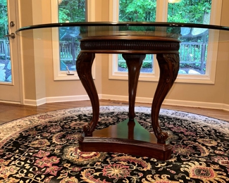 $400
ROUND GLASS TABLE WITH WOOD PEDESTAL AND CHAIRS 
TABLE 54”DIA x 30”H
CHAIR 24”W x 23”D x 43”H