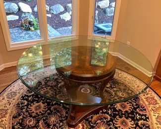 $400
ROUND GLASS TABLE WITH WOOD PEDESTAL AND CHAIRS 
TABLE 54”DIA x 30”H
CHAIR 24”W x 23”D x 43”H