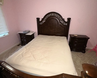 $300
ORNATE DARK BROWN QUEEN SIZE BEDROOM SET
DRESSER WITH MIRROR 
69”L x 18.5”D x 38”H 
MIRROR 49”H
QUEEN BED FRAME 92”L x 66”W x 74”H 
TWO NIGHTSTANDS 30”W x 17”D x 30”H