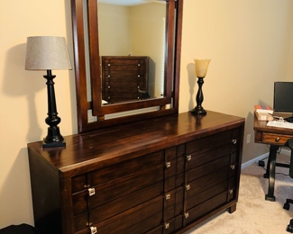 $600
DARK BROWN MODERN 
QUEEN SIZE BEDROOM SET 
TALL DRESSER 38”W x 19”D x 54”H 
DRESSER WITH MIRROR 66”L x 19”D x 36”H 
MIRROR MEASURES 44”H
NIGHTSTAND 28”W x 19”D x 30
QUEEN BED 62.5”W x 86”L x 59”H