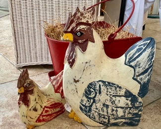 Wooden Roosters with Coal Bucket
