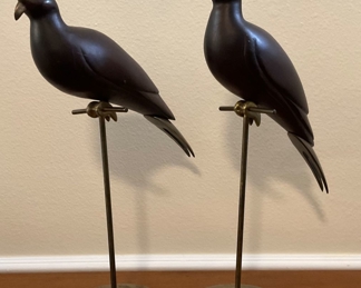 Carved Wooden Birds on Brass Stands