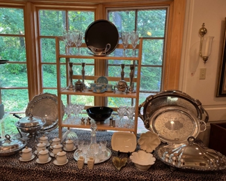 Dining Room:  More silver-plate, BACCARAT crystal stems, and LENOX are among demitasse cups and lidded chocolate pots.