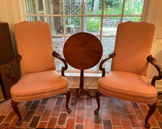 Dining Room:  Two separately priced gooseneck arm chairs flank a small tilt-top table.  