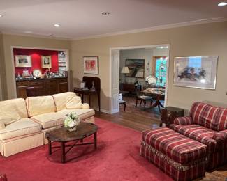 Family Room:  This room is in between the formal living room and the step-down dining room.  The 80" off-white sofa (by "Southwood") is trimmed in raspberry cording and has detached seat and back cushions.  The butler table is one piece.  Closer photos of the other items follow. 