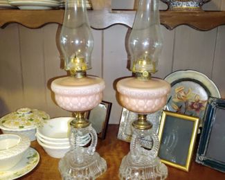 Pink Milk Glass and Glass base Hurricane Lamps.  