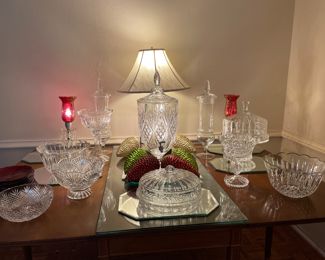 Beautiful Crystal for Entertaining.  Pair of Cranberry globe lamps.  Beautiful Glass drinks dispenser. Punch bowls.  Cake Stands.  More pics to follow on Tuesday.  