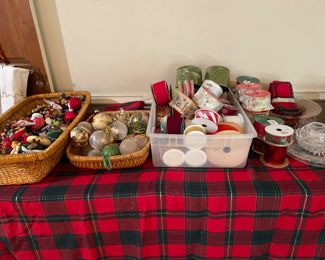 Holiday tree trimming and ribbons 