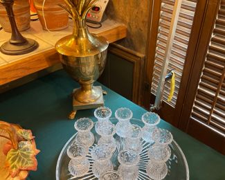 Cordial glasses and glass tray.  Brass Pineapple