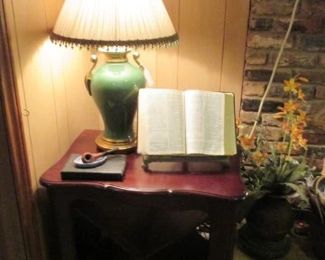 End table (actually two) w/ lamp and brass book stand.  