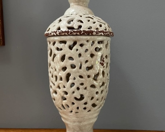 White lidded pierced ginger jar w/ lid, 18"H,  $18 