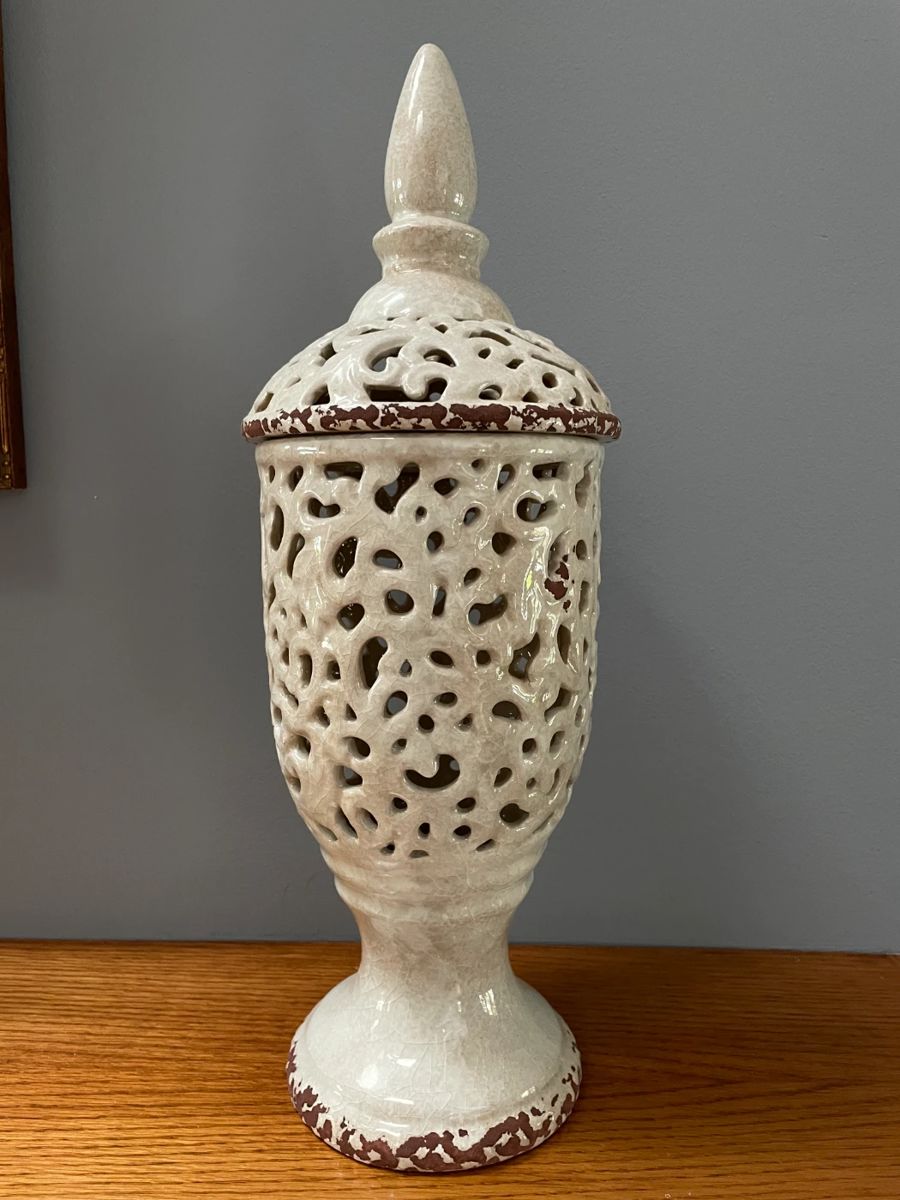 White lidded pierced ginger jar w/ lid, 18"H,  $18 