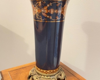 Beautiful dark blue vase with gold base and details, 13"H,  $58