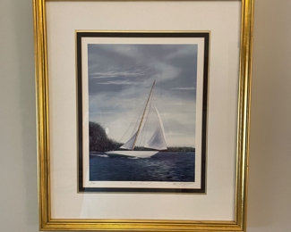 Gold framed sailboat print,  20"H x 17"W,  $20