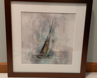 Brown framed sailboat print, 18" x 18",  $20