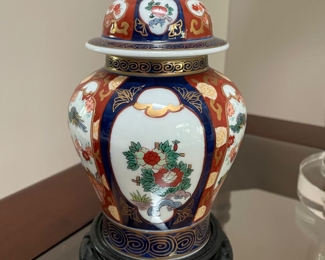 Ginger jar, blue/white/brick, 9"H,  $14