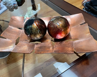 Copper decorative tray with a pair of decorative balls, 16" x 9",  $15